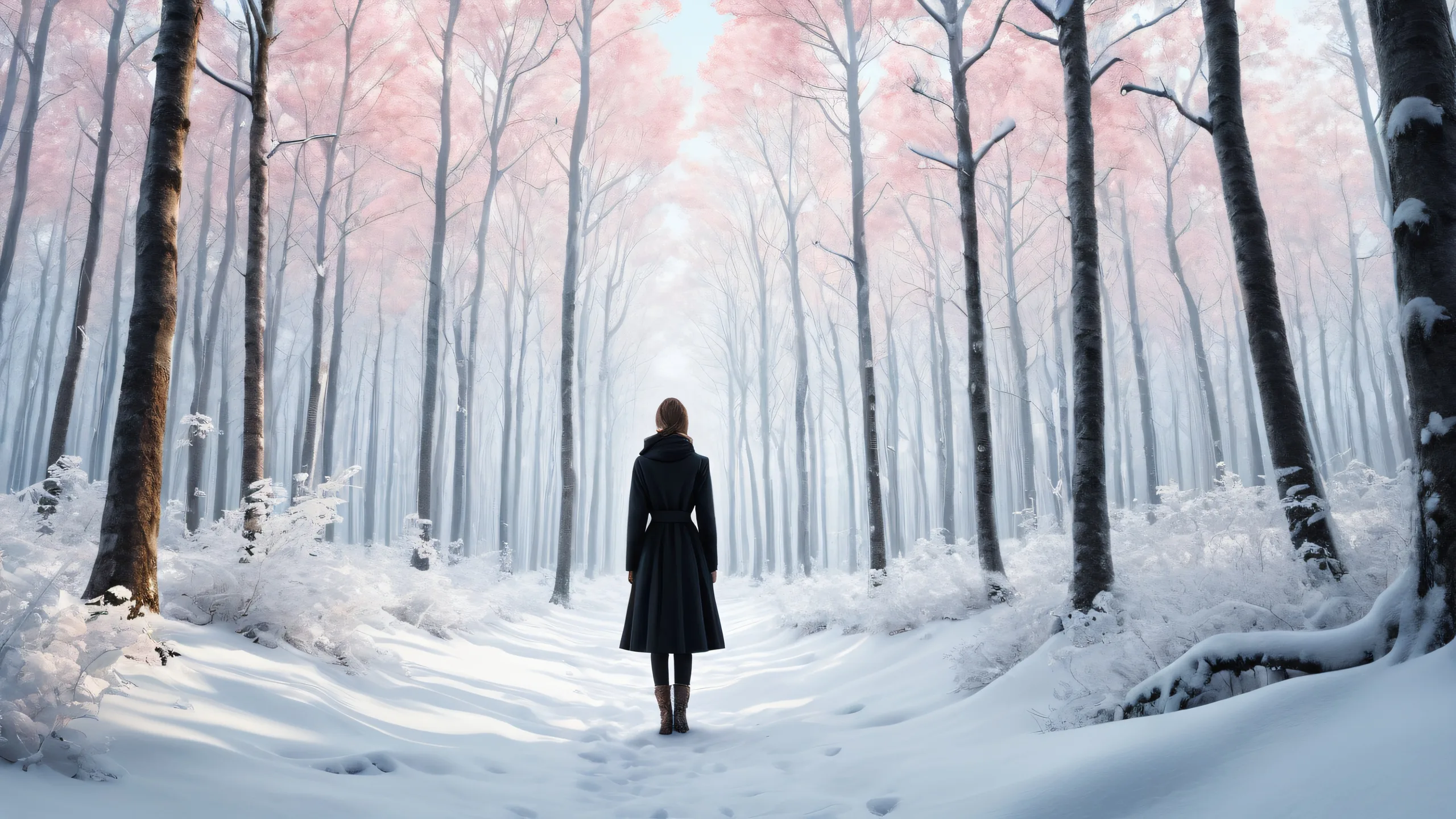Woman standing alone amidst a desolate winter forest with a perfectly clean vast pure void, ideal for desktop/pc use.