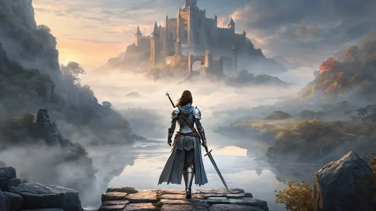 Woman in armor with falchion standing on misty cobblestone bridge at dawn, suitable for desktop/pc.