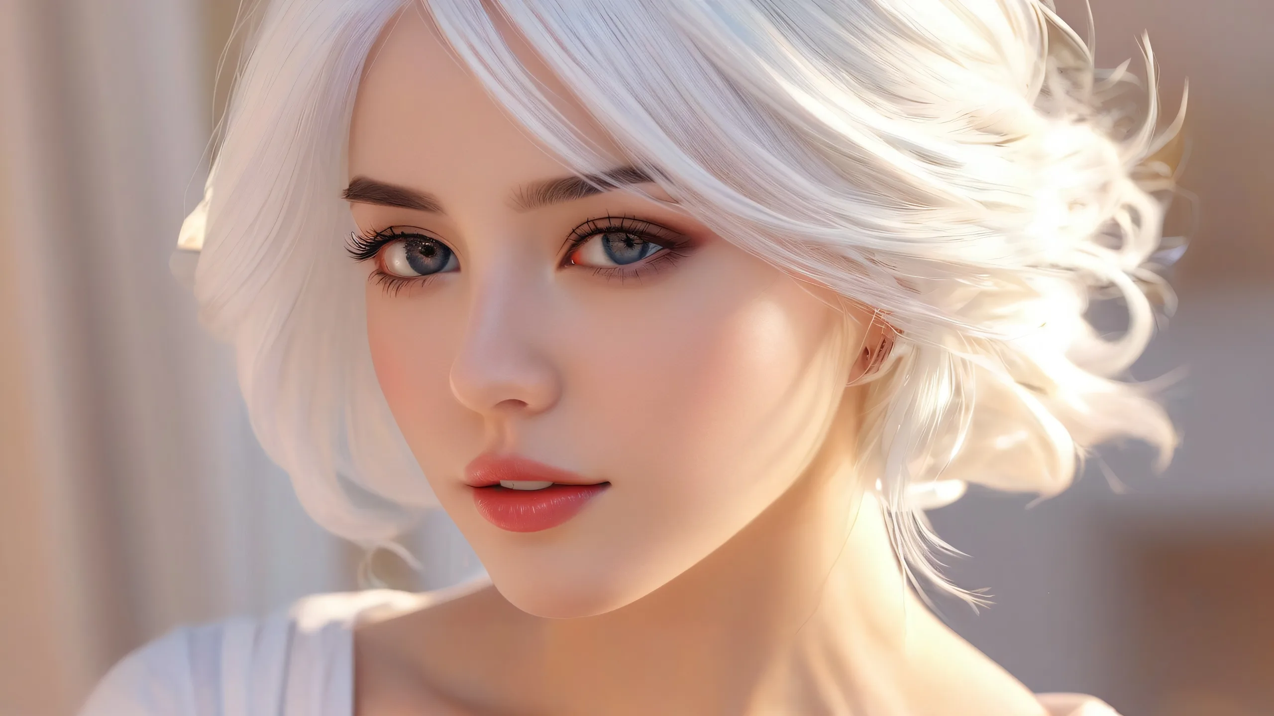 Desktop/PC wallpaper featuring women with white hair in a vast pure void with extreme depth of field and subtle gradient effects.