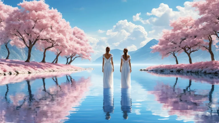 A serene and peaceful desktop wallpaper of women standing by water, on a vast, pure void with clouds and trees in the distance, perfect for your Desktop/PC.
