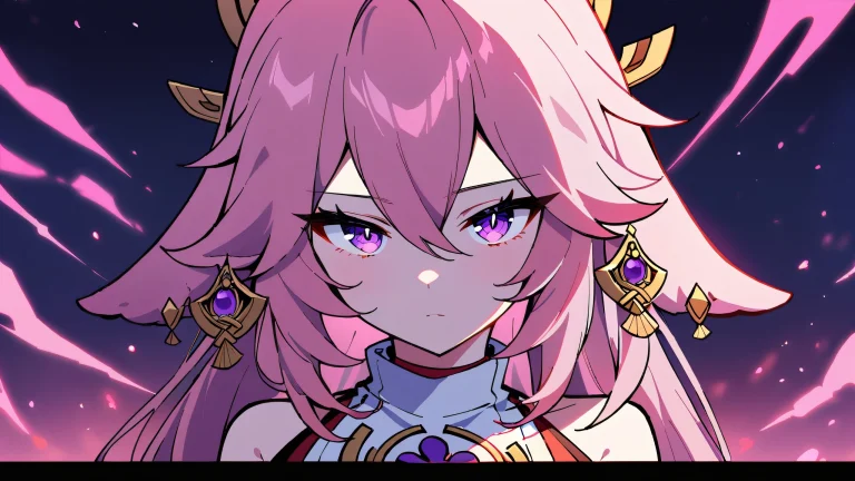 A stunning anime-inspired desktop wallpaper of Yae Miko looking directly at the viewer against a perfectly clean vast pure void, with extreme depth of field and vibrant colors.