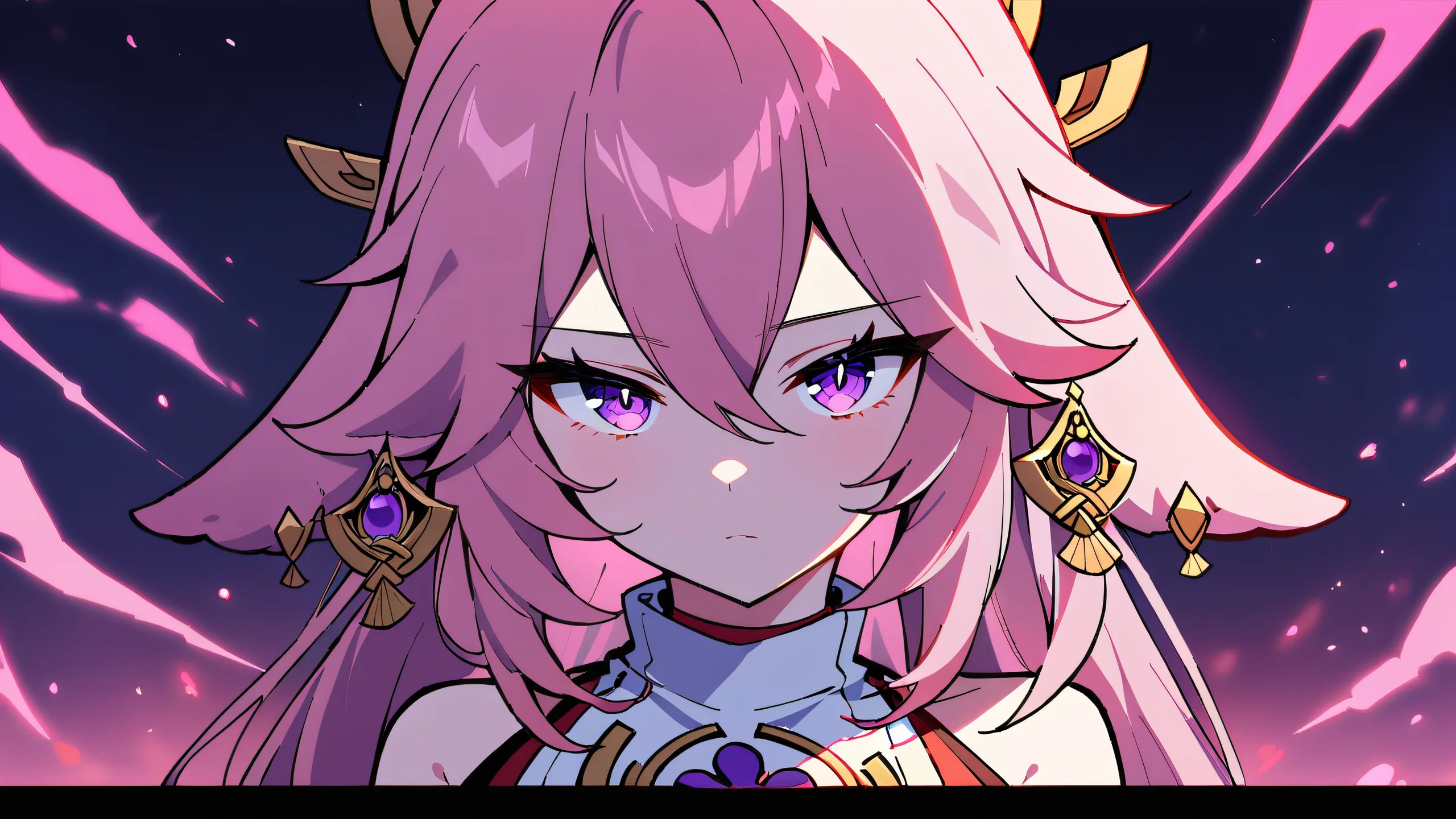 A stunning anime-inspired desktop wallpaper of Yae Miko looking directly at the viewer against a perfectly clean vast pure void, with extreme depth of field and vibrant colors.