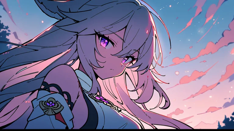 A solo Yae Miko character looking directly at the viewer on a perfectly clean vast pure void background with extreme depth of field, featuring meadow and forest edge scenery for Desktop/PC use.