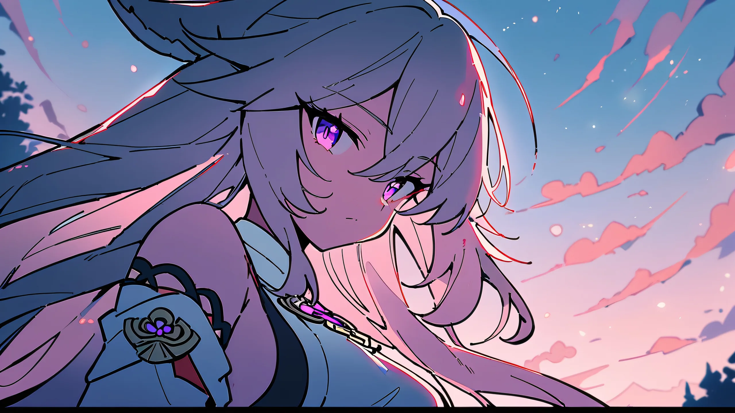 A solo Yae Miko character looking directly at the viewer on a perfectly clean vast pure void background with extreme depth of field, featuring meadow and forest edge scenery for Desktop/PC use.