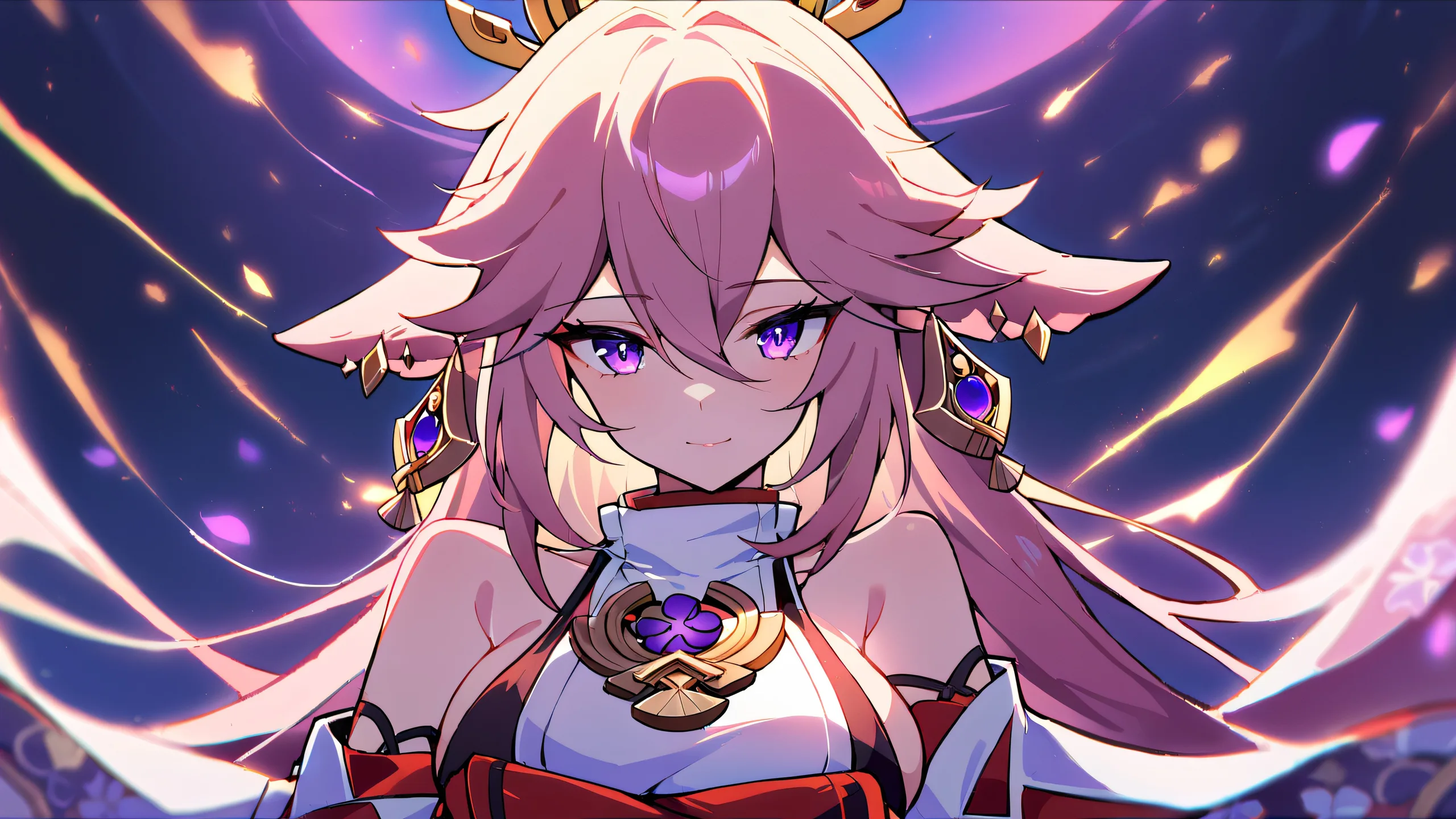 A solo Yae Miko scene from Genshin Impact, featuring a girl looking at the viewer amidst a perfectly clean vast pure void with extreme depth of field and cinematic lighting.