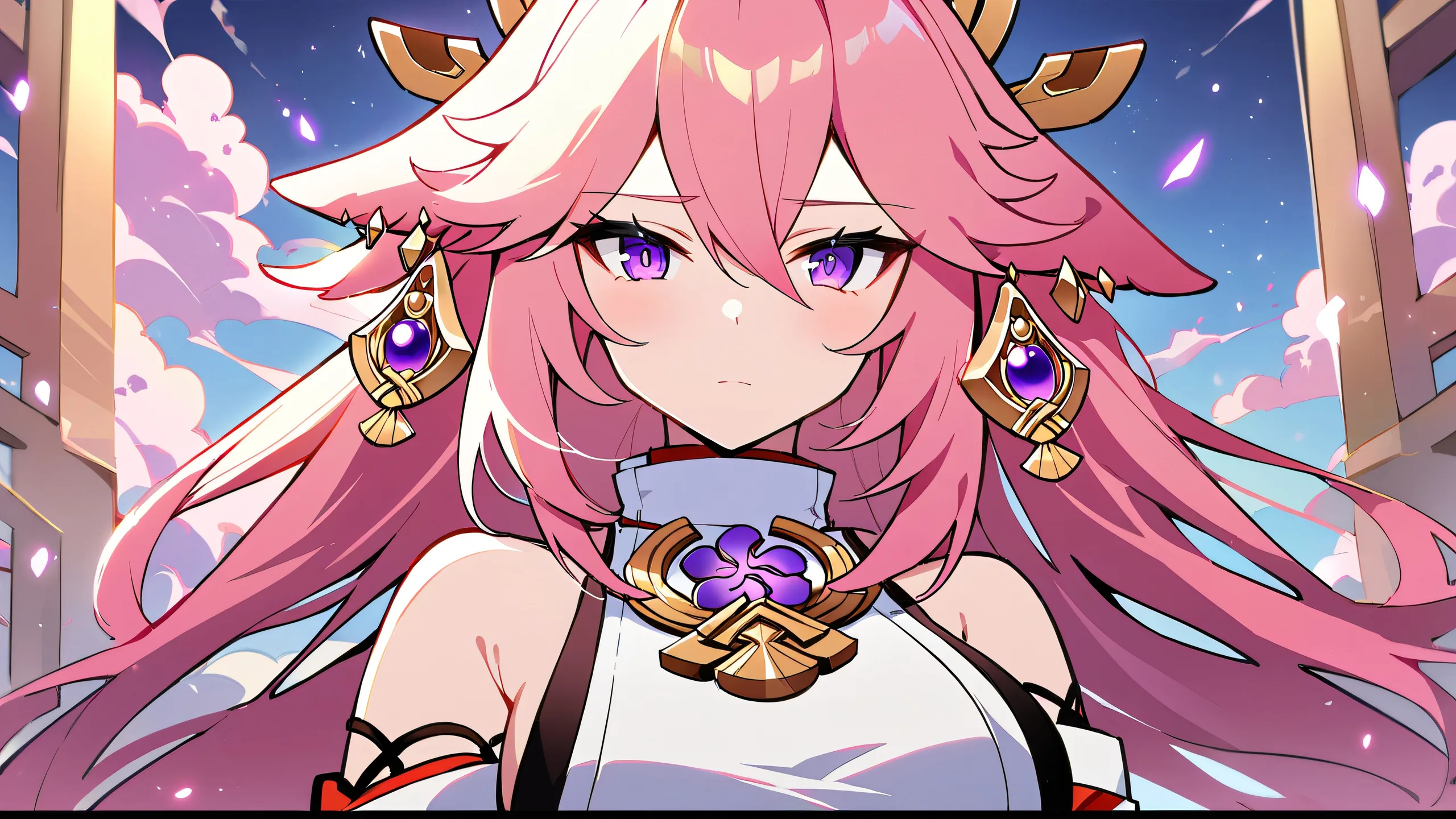 A beautifully rendered scene of Yae Miko looking directly at the viewer from a vast, pure void with extreme depth of field, ideal for a desktop/pc background.