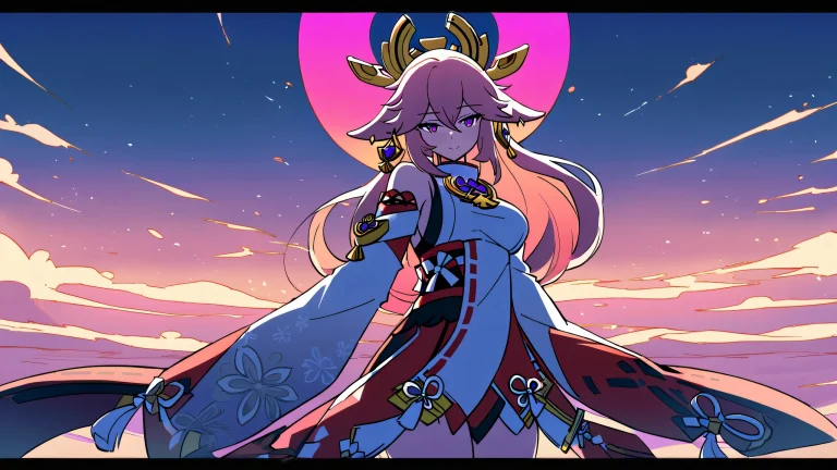 A beautifully detailed wallpaper featuring Yae Miko from Genshin Impact, looking directly at the viewer against a perfectly clean and vast pure void background with extreme depth of field and shallow barren salt flats in the distance.