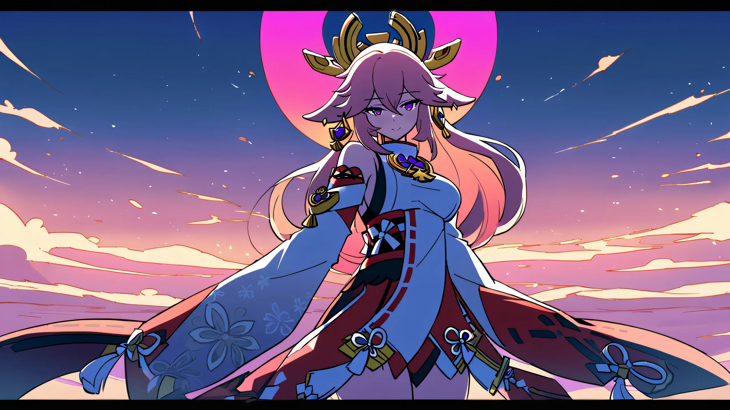 A beautifully detailed wallpaper featuring Yae Miko from Genshin Impact, looking directly at the viewer against a perfectly clean and vast pure void background with extreme depth of field and shallow barren salt flats in the distance.