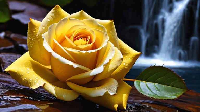 A serene desktop wallpaper featuring a yellow rose and waterfall scene on a dark brown background. Perfect for desktop/PC users seeking a calming atmosphere.