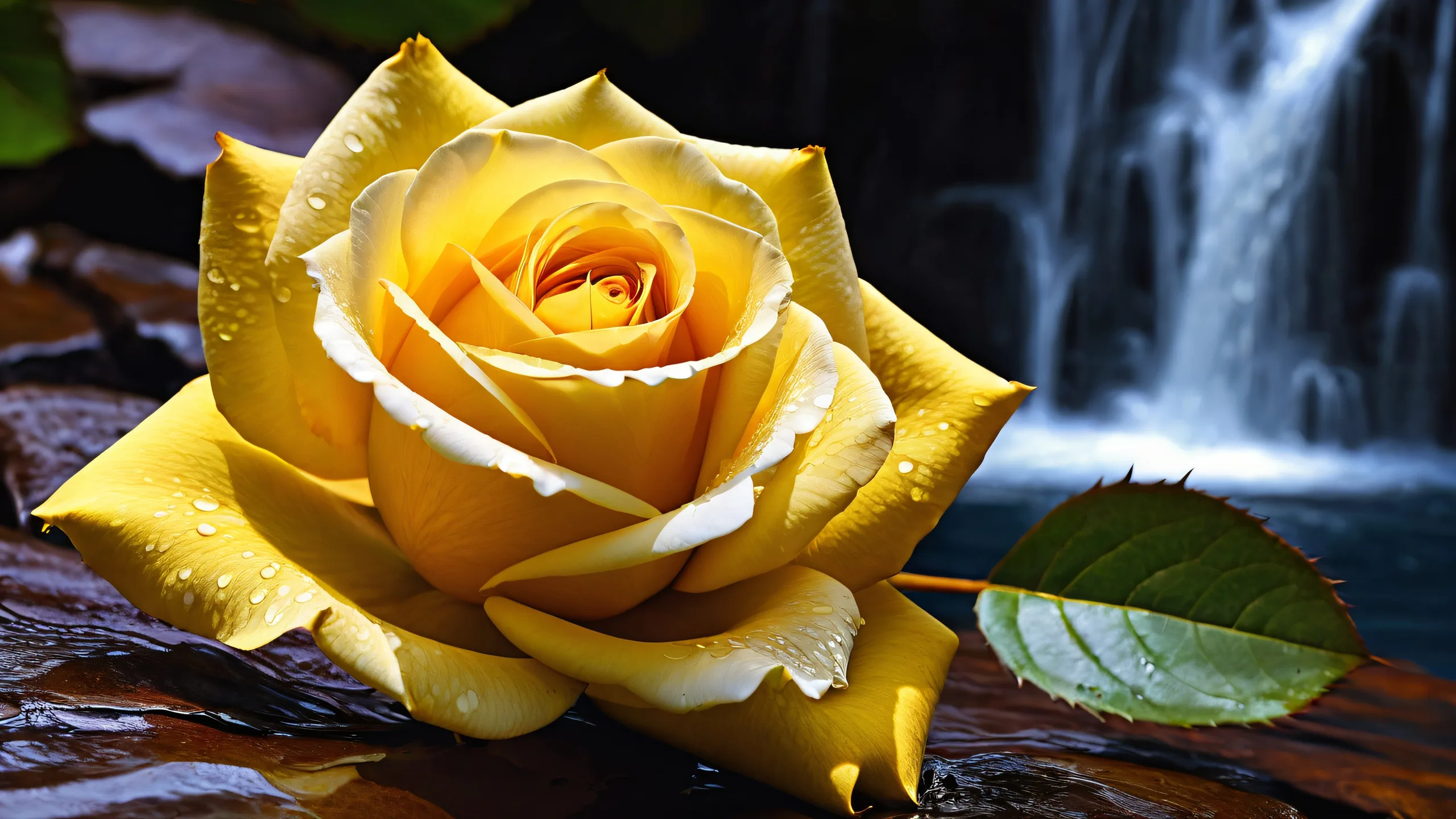 A serene desktop wallpaper featuring a yellow rose and waterfall scene on a dark brown background. Perfect for desktop/PC users seeking a calming atmosphere.