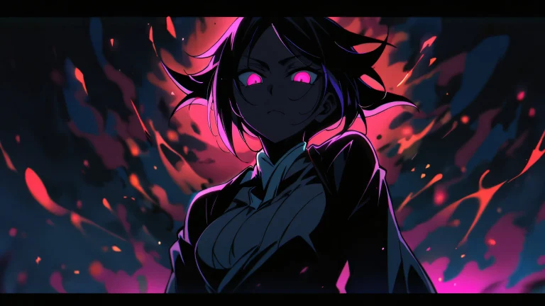 Elegant anime illustration of Yoruichi Shihouin looking directly at the viewer against a perfectly clean vast pure void, with extreme depth of field and dramatic shadows.