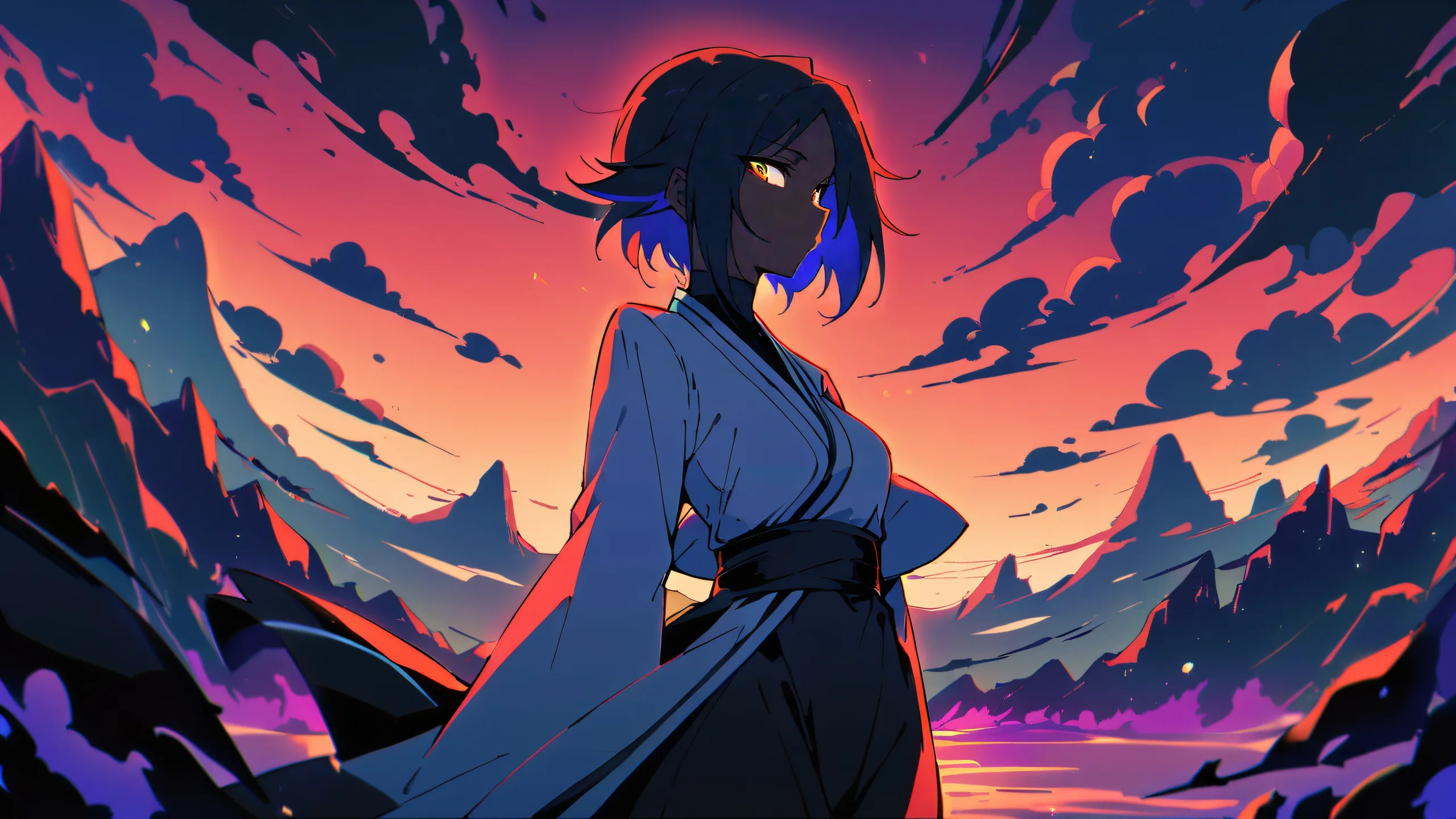 A close-up view of Yoruichi Shihouin from Bleach, looking directly at the viewer on a clean and vast pure void background for Desktop/PC use.