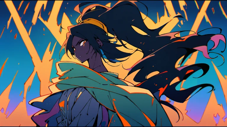 A stunning anime-inspired desktop wallpaper featuring Yoruichi Shihouin looking directly at the viewer against a vast, ancient Egyptian backdrop with an ethereal atmosphere and vibrant blue hues.