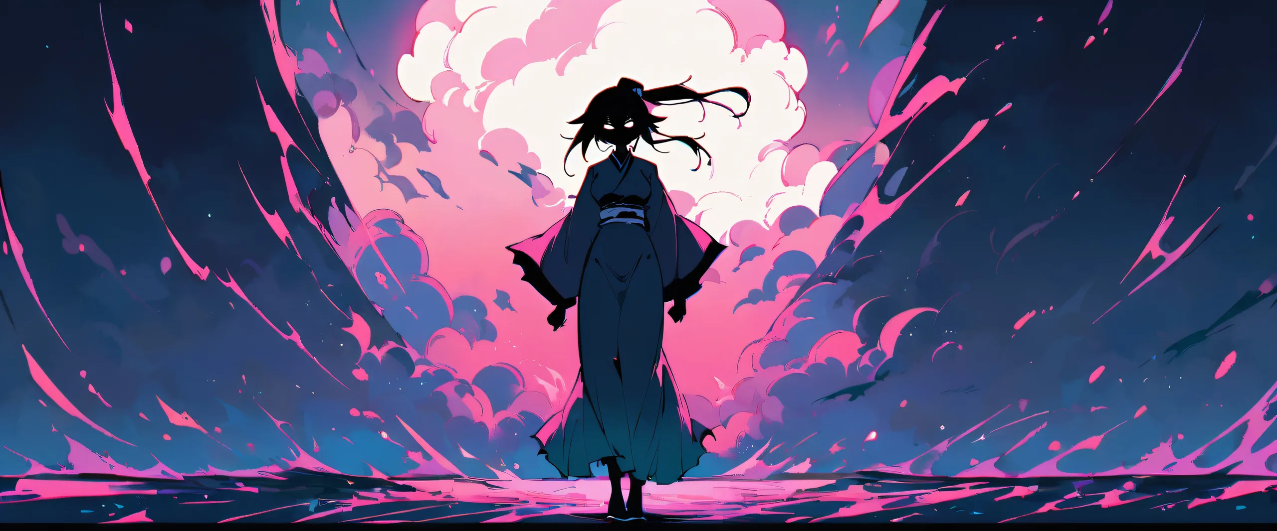 A solo Yoruichi Shihouin from Bleach gazes out at the viewer amidst a stunning, cinematic landscape of a bright and airy sky on a perfectly clean vast pure void background.