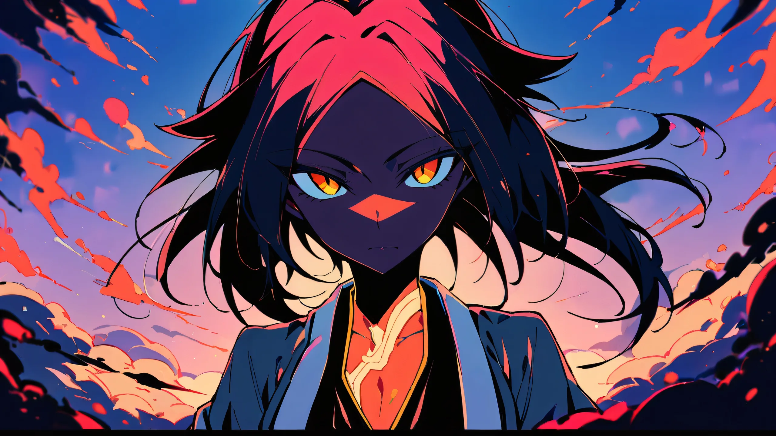 A stunning anime-inspired desktop wallpaper of Yoruichi Shihouin from Bleach, gazing directly at the viewer against a perfectly clean vast pure void background, with extreme depth of field and vivid colors.