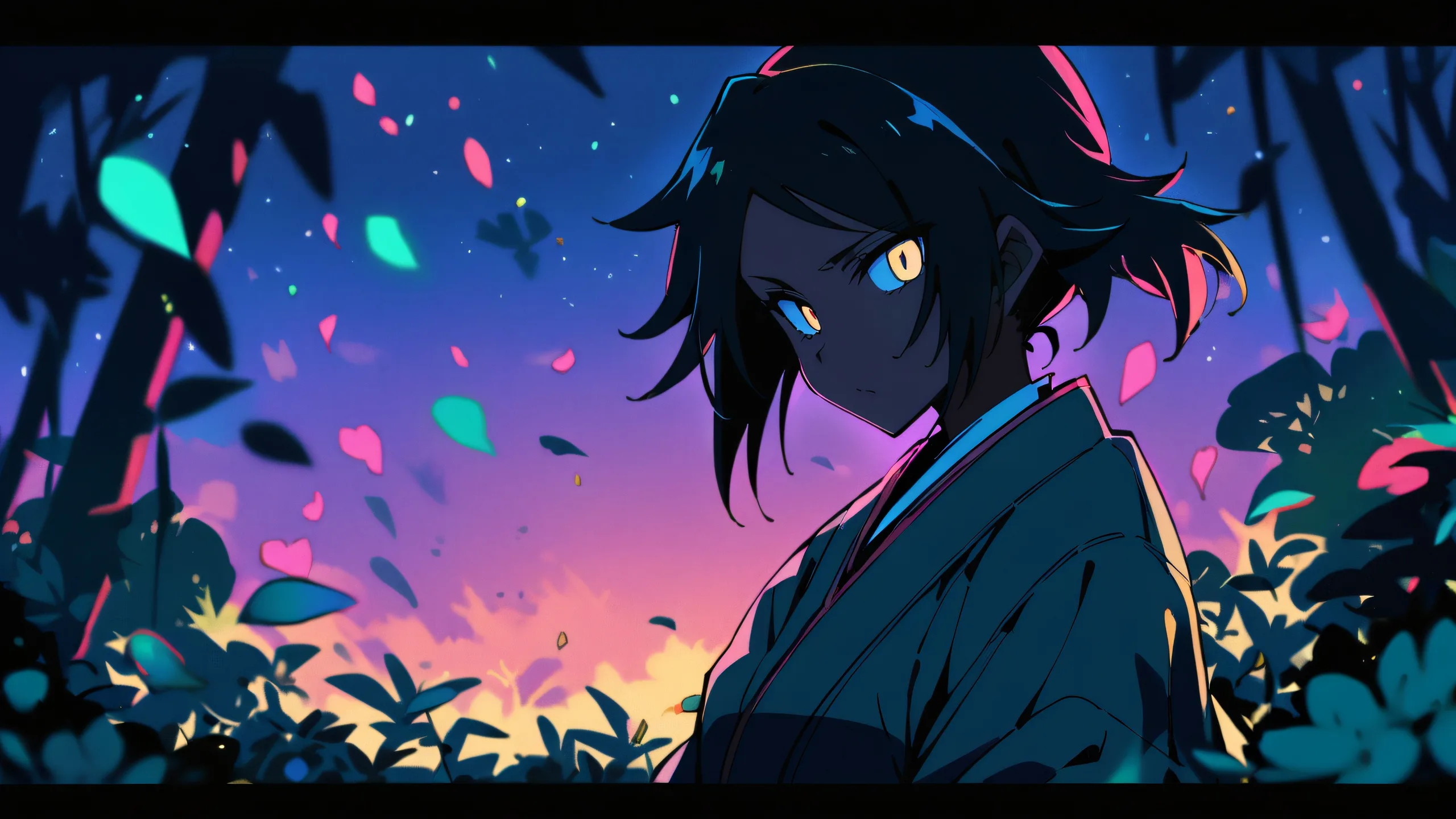 Yoruichi Shihouin standing in a vast, pure void of a meadow at the edge of a forest on a desktop or PC