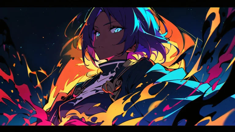 A solo Yoruichi Shihouin from Bleach standing in a vast, pure void with a starred sky, gazing directly at the viewer. Convient pour ordinateur de bureau/PC.