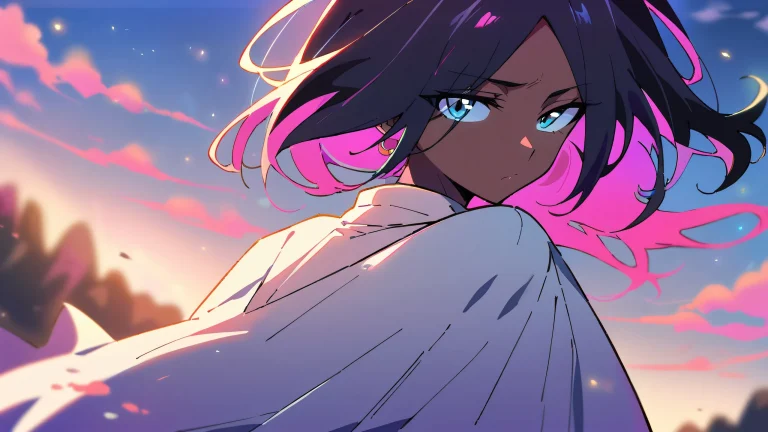 Solo portrait of Yoruichi Shihouin from Bleach, gazing at the viewer on a perfectly clean vast pure void desktop background with blurred background, extreme depth of field and bright airy ethereal lighting.