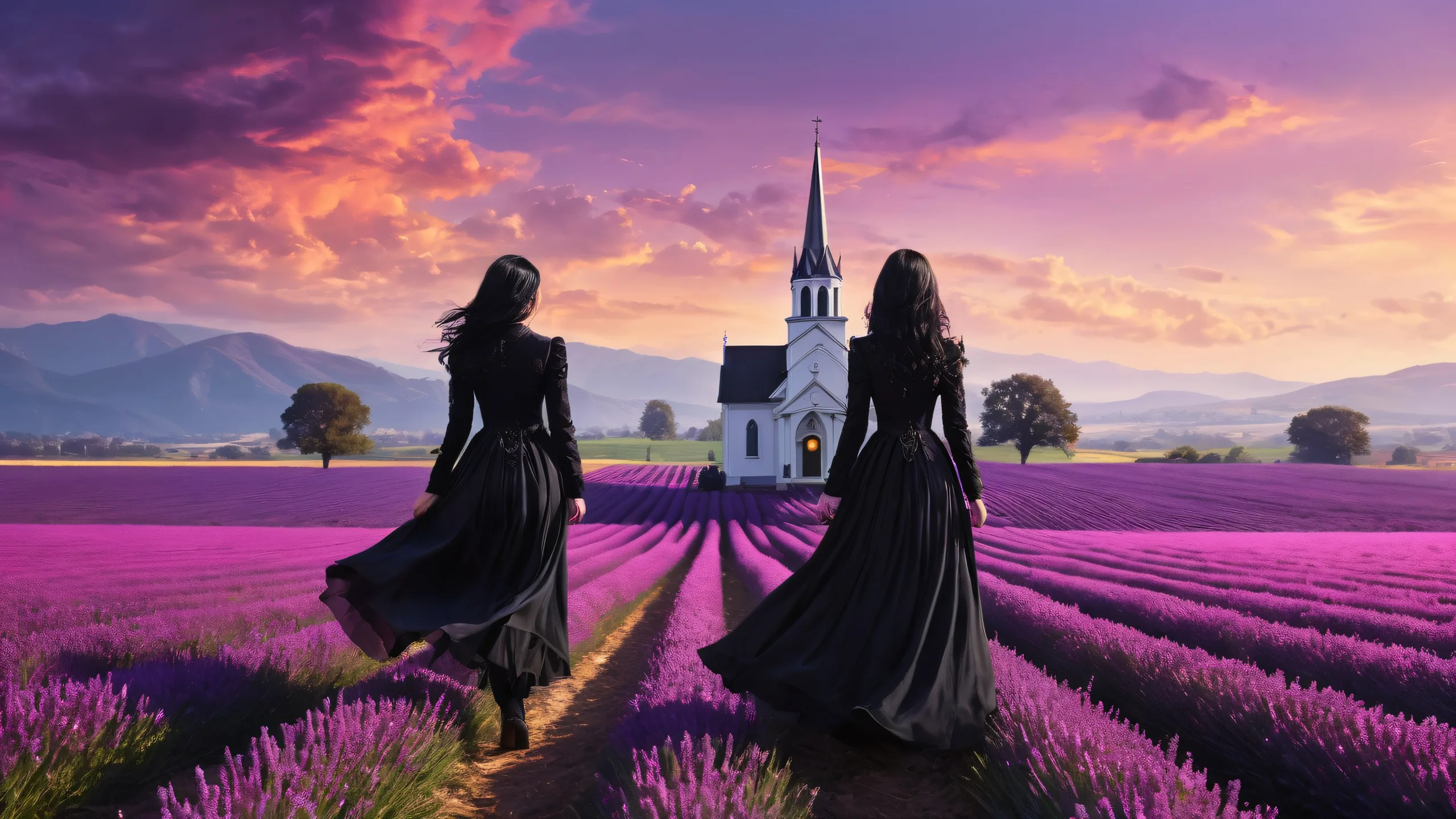 A Young Goth Woman standing amidst a vast, darkened field with an old black church in the distance, under a sky filled with radiant purple haze and ethereal lighting, suitable for desktop use on PC or Desktop.