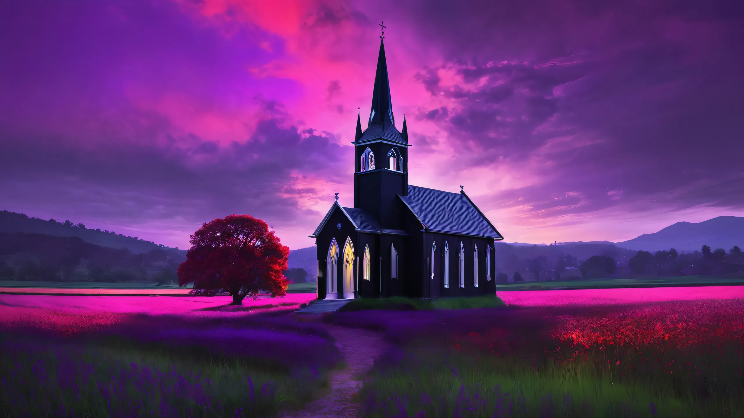 Stunning Ethereal Nightfall Elegance Wallpaper A stunning desktop wallpaper featuring a young goth woman amidst a vast pure void, with a LA backdrop of an old black church and floating purple haze across fields. Suitable for desktop/pc.