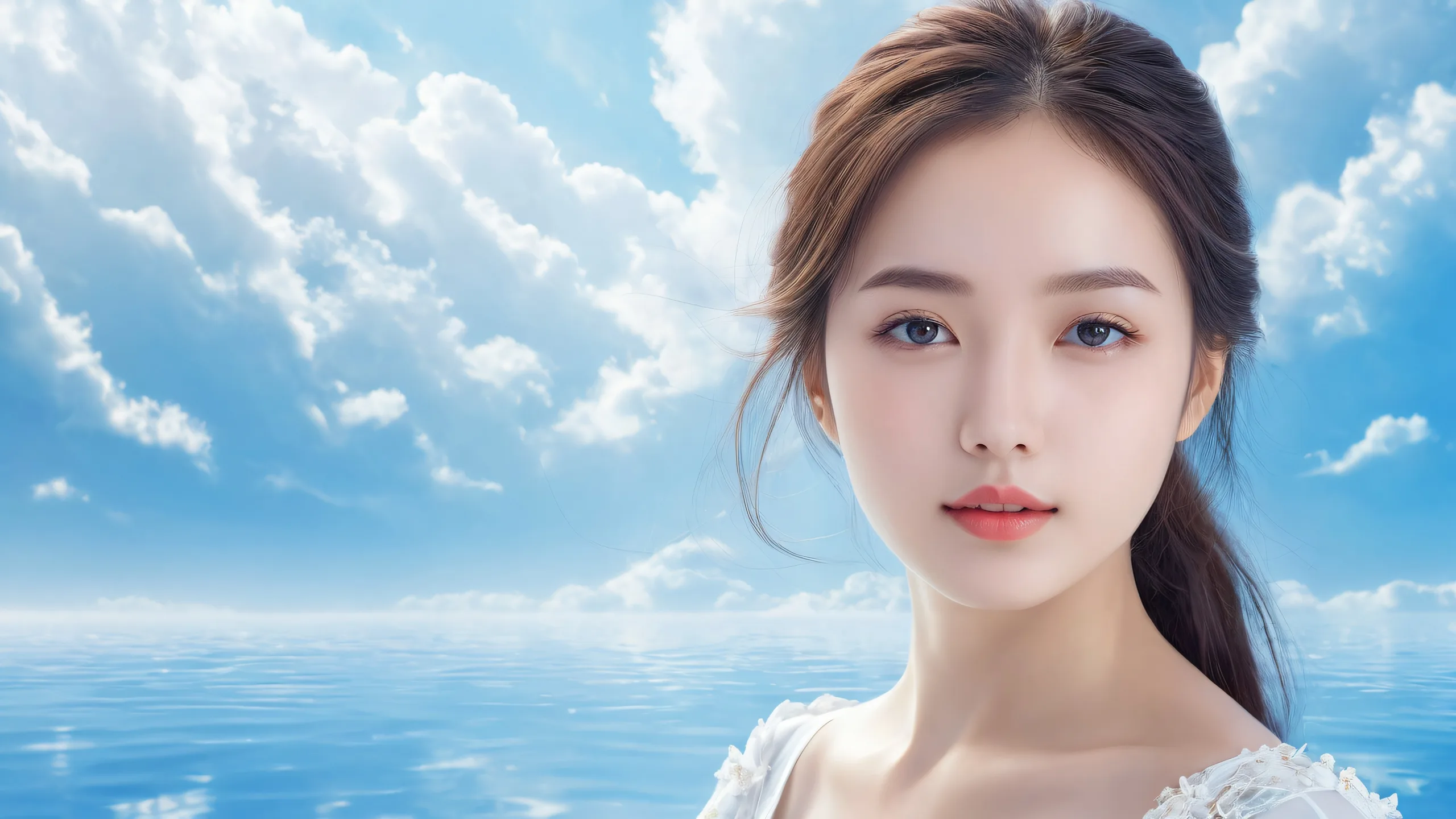 A beautiful desktop wallpaper featuring a young woman standing in a vast pure void with extreme depth of field, suitable for PC or Desktop use.