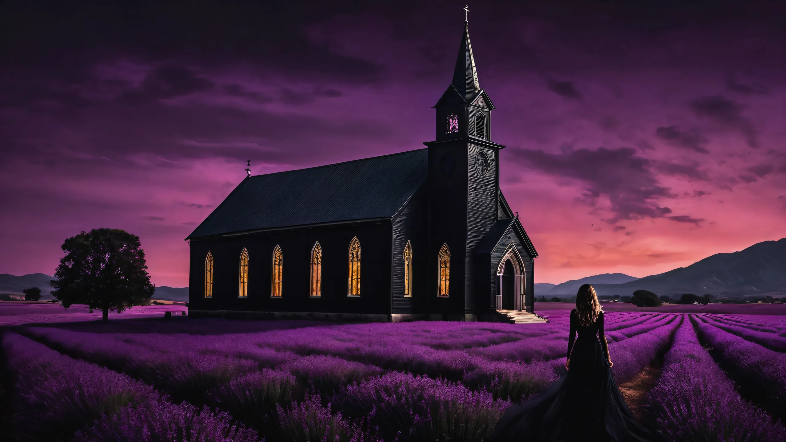 A serene desktop scene featuring a young woman amidst a vast, pure void with an old black church in the LA fields, set against a deep purple haze. Suitable for Desktop/PC.