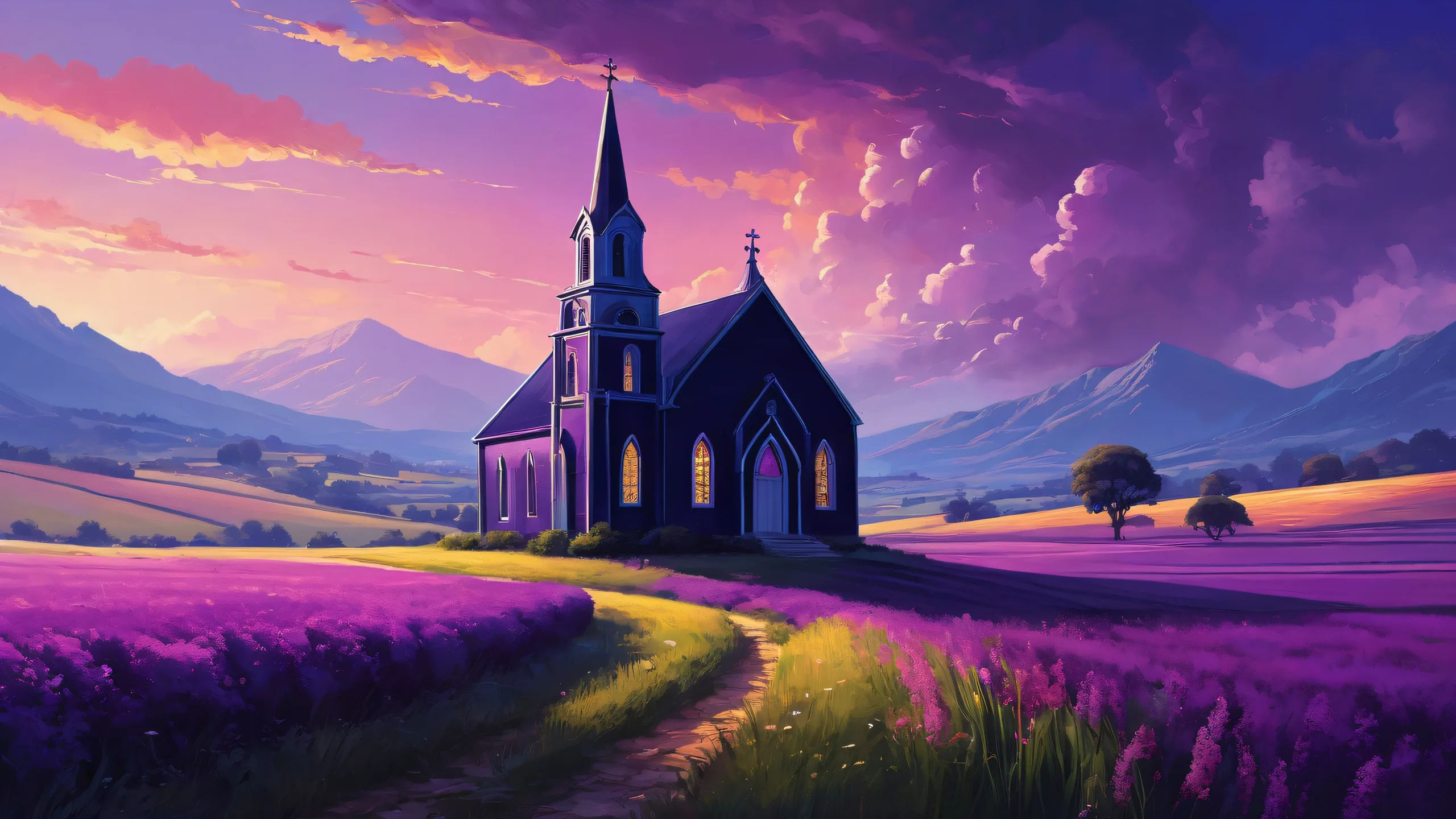 A young woman standing in a vast pure void, with a old black church in the LA backdrop amidst fields of purple haze, perfect for desktop/pc.