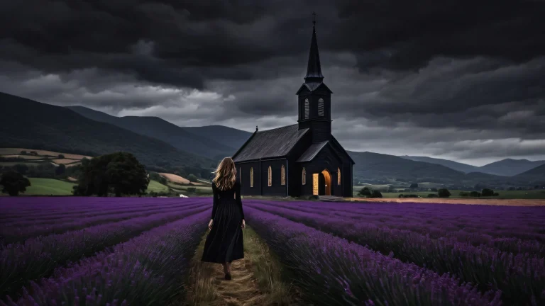 Young woman standing in front of a vast, pure void with an old black church in the background for Desktop/PC use.