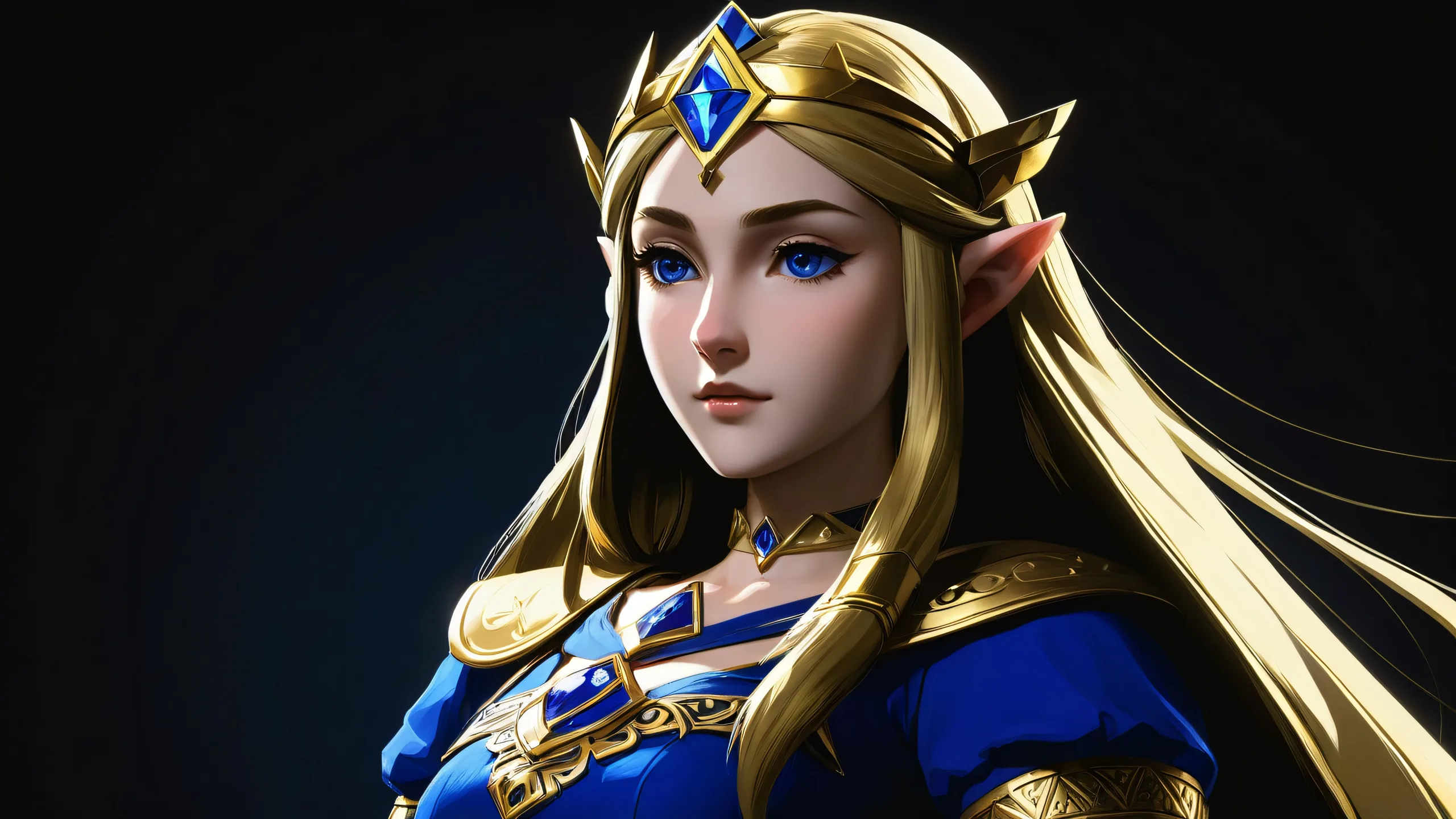 Princess Zelda in a stunning dark mode desktop scene with a vast pure void and extreme depth of field, suitable for Desktop/PC use.