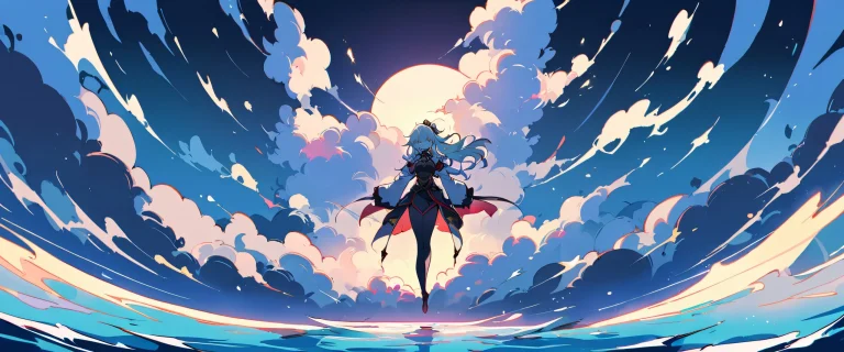 A young woman stands alone in a vast, clean void, looking directly at the viewer from a desktop or PC.