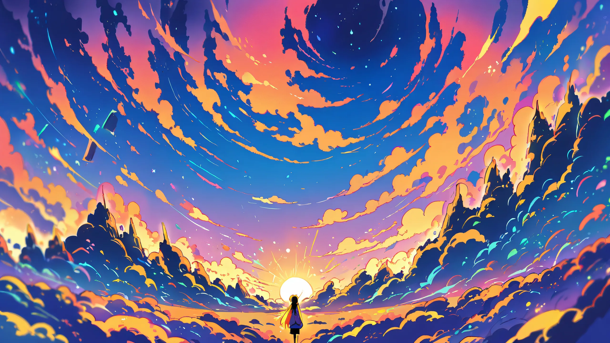 A stunning anime illustration of a perfectly clean void with extreme depth of field and a starred sky at sunset, ideal for desktop use on PC or laptop.