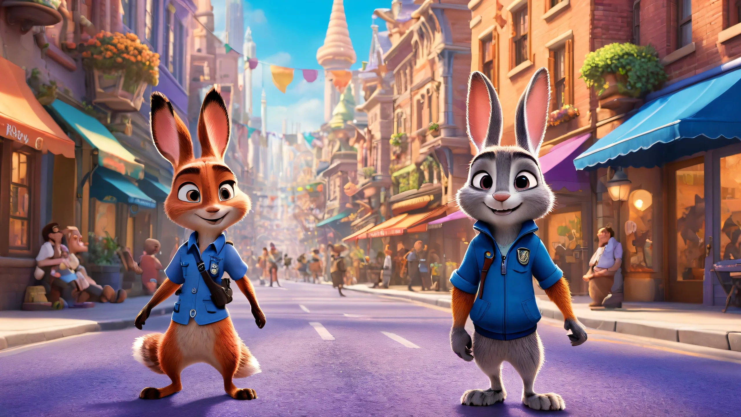 Ultra HD Zootopia's Adventurous Duo Wallpapergeeignet für Desktop/PC Judy Hopps and Nick Wilde on a desktop background with pure void and cityscape-inspired colors, suitable for Desktop/PC.
